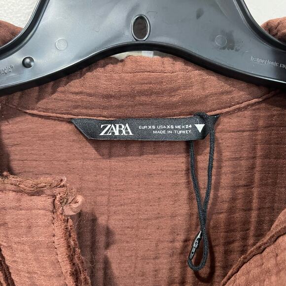 Zara Cotton Blend Oversized Top Size XS Brown Textured Gauze Relaxed Fit - Picture 6 of 8